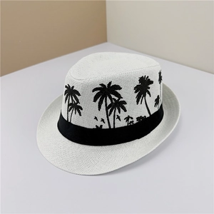White straw fedora hat with black palm tree embroidery and ribbon for beach vacations