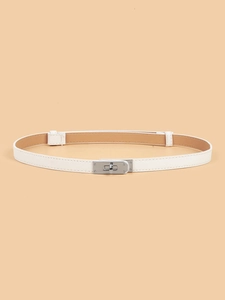 Detailed view of white cross-grain leather belt with silver rotating buckle lock
