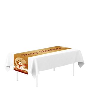 Golden Christmas table runner featuring red snowman pattern and Merry Christmas text