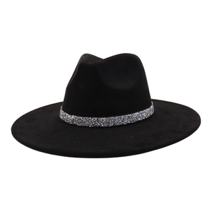 Classic black wide-brim fedora hat featuring a sparkling silver sequin band decoration