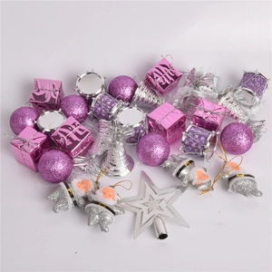 32-piece lake blue and purple Christmas tree ornament set with baubles and bells on white