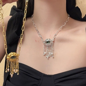 Vintage Evil Eye Pendant Necklace Alloy Rhinestone With Faux Artificial Pearl Tassels Paperclip Chain For Women Retro Jewelry