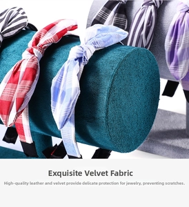 Detail of teal velvet headband display stand with anti-scratch fabric for hair accessories