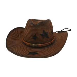 Chapeau de cow-boy en paille marron avec étoiles noires, boucle crâne et cordon réglable