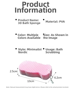 Pink PVA bath sponge with fish scale texture and dimensions 13x6.2x2.5cm detail view