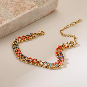 Gold stainless steel Cuban link bracelet with colorful enamel inlay and lobster clasp