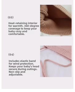 Detailed view of the pink knit baby hat with heat-retaining lining and windproof strap