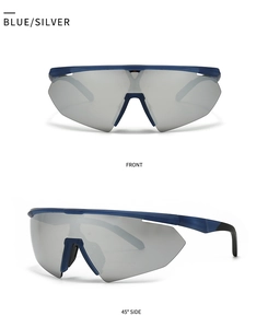 Front and 45-degree side views of silver mirrored pilot sunglasses with blue frames