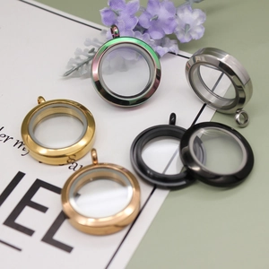 Round stainless steel floating locket pendant set in five colors with glass windows