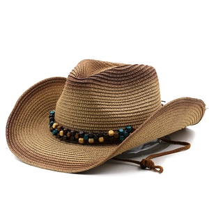 Chapeau de cow-boy en paille tressée dégradée avec perles colorées et cordon réglable