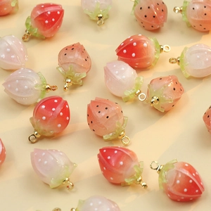 Hand-painted strawberry charms in red and pink colors with gold rings for DIY jewelry making