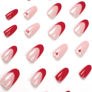 Minimalist French red press-on nails with heart patterns and glossy finish set