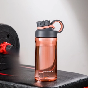 Close-up of wine red 500ml sports bottle with built-in tea infuser and carry strap