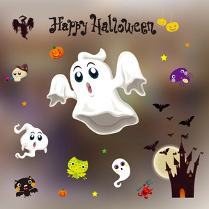 Happy Halloween-stickers met witte spook, pompoenen en een spookhuis-illustratie