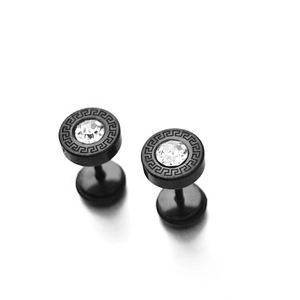 Retro stainless steel round stud earrings with greek key pattern and crystal inlay