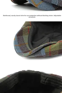 Detail of the plaid newsboy cap showing the reinforced brim and adjustable inner band
