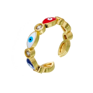Close-up of 18K gold-plated Evil Eye open ring with colorful enamel and cubic zirconia
