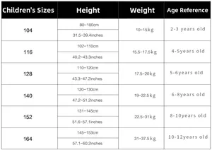 Detailed size chart for girls' two-piece swimsuit with height and weight measurements