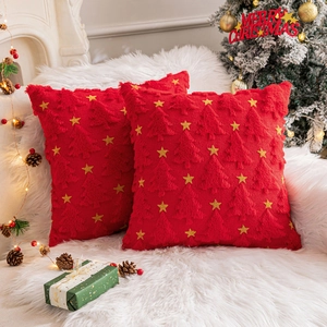 Christmas star embroidery red plush pillow cover with festive tree patterns for sofa decor