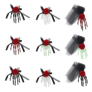 Halloween skeleton hand hair clips with red roses and lace veils in multiple colors