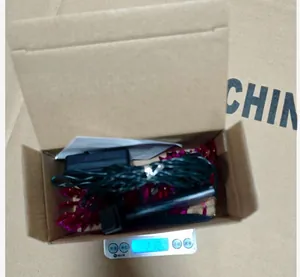 Detailed view of purple floral LED string lights with battery box and retail packaging box