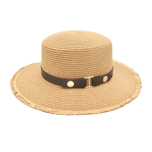 Straw sun hat with flat top, frayed edges and black leather band with gold H buckle