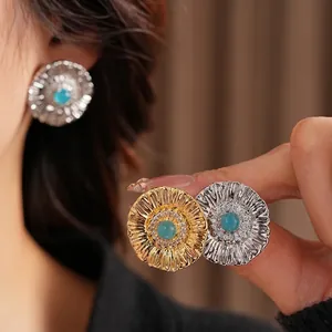 Vintage zircon sunflower earrings with lapis blue stone in gold and silver finish
