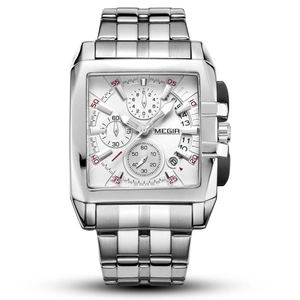Orologio al quarzo da uomo quadrato in acciaio inossidabile argento con cronografo e data