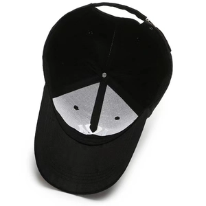 Detailed interior view of the black baseball cap showing the sweatband and stitching