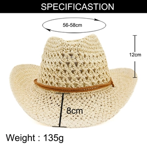Detailed dimensions of hollow straw cowboy hat showing brim width and 135g weight