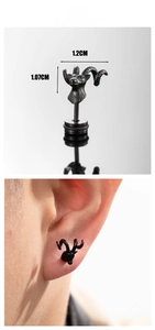 Macro detail of black stainless steel goat head stud earring with size and ear placement
