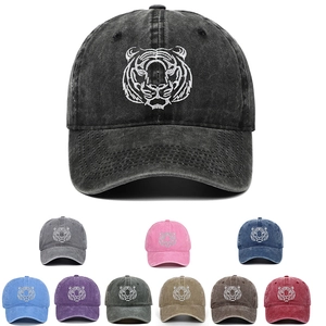 Tiger Embroidery Washed Cotton Baseball Cap Distressed Vintage Outdoor Sun Hat Adjustable For Men Women Casual