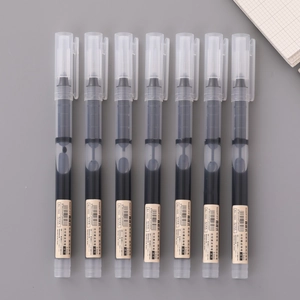 Row of seven black liquid ink rollerball pens with 0.5mm tips for office and students