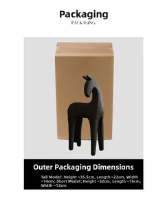 Detailed view of abstract horse resin statues with their protective packaging boxes