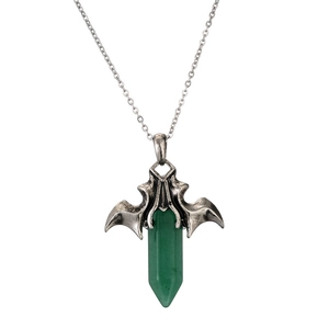 Gothic silver bat wing pendant with green hexagonal crystal point on silver chain