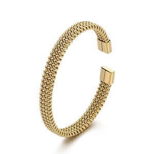 Polished gold C-shape braided open bangle bracelet in a minimalist stainless steel style