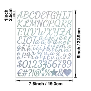 Detail showing 1 inch glitter alphabet sticker sheet dimensions and letter sizes for DIY crafts