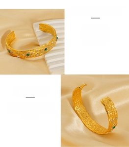 Macro detail of gold-plated stainless steel cuff with malachite and hammered texture