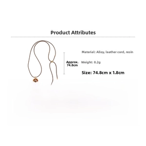 Detail showing adjustable brown resin sweater necklace dimensions and material specs