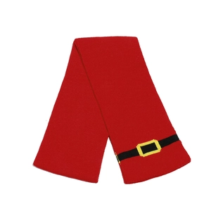 Detail of red knitted Christmas scarf featuring a black belt and yellow buckle pattern