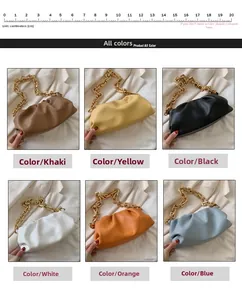 Detail view of cloud pouch bag with thick gold chain in six vibrant colors