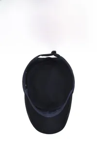 Detailed interior view of men's navy blue flat top military cap with metal back buckle