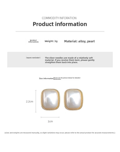 Detail of square pearl earrings with gold trim including weight and size specifications