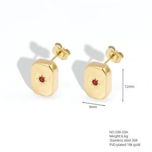 Detail view of 18K gold plated stainless steel square earrings with red cubic zirconia