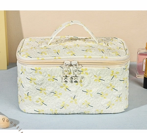 Detail of floral makeup bag with dual star-shaped zippers and jacquard texture