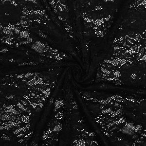 Macro shot of delicate black lace fabric with intricate floral patterns and mesh texture
