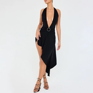 Detail of black halter deep V-neck dress featuring elegant gold ring waist ornament