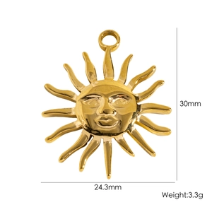 Detailed view of 304 stainless steel sun face pendant with 30mm x 24.3mm dimensions