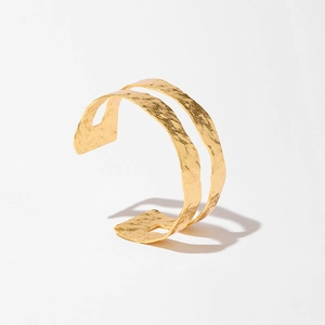 18K gold plated double-layer open bangle with vintage irregular hammered texture