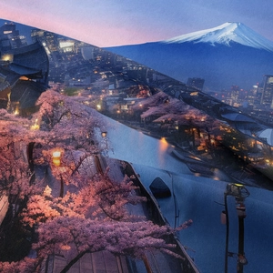 Detailed view of Mt. Fuji and cherry blossoms print on soft bohemian wall tapestry
